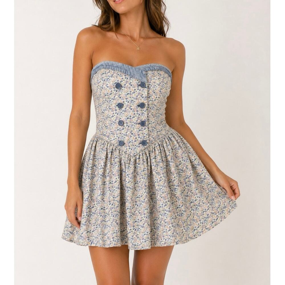 Cottagecore Prairie Floral Strapless Mini Dress Smocked Cotton Blue XL Women Y2K